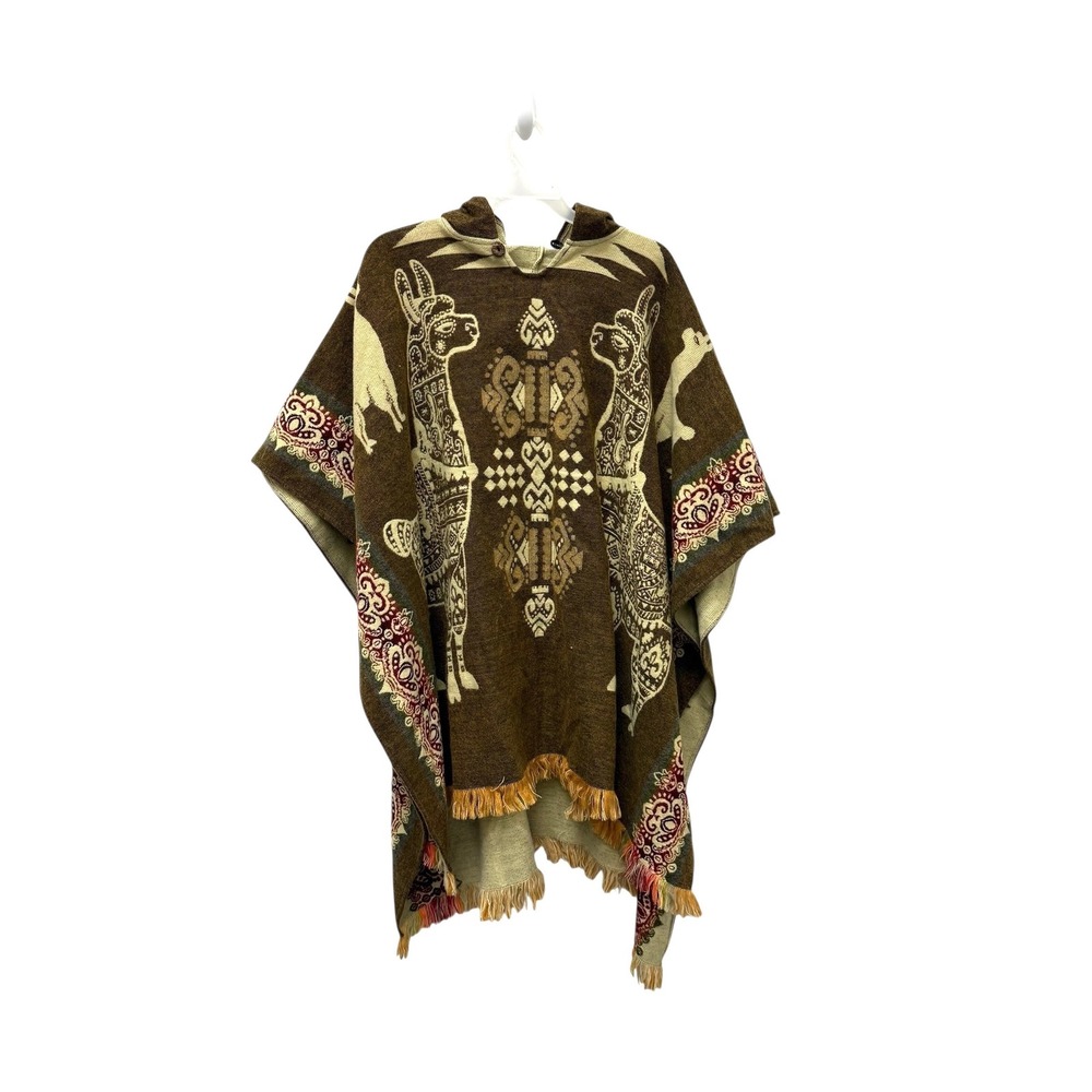 Inaran Creation Corp Alpaca Blend Hooded Poncho‎ Brown Llama Geometric Fringe